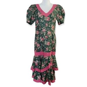 Vintage Princess Kaiulani Pink/Green Floral Dress MuuMuu Cottagecore Sz 14  EUC